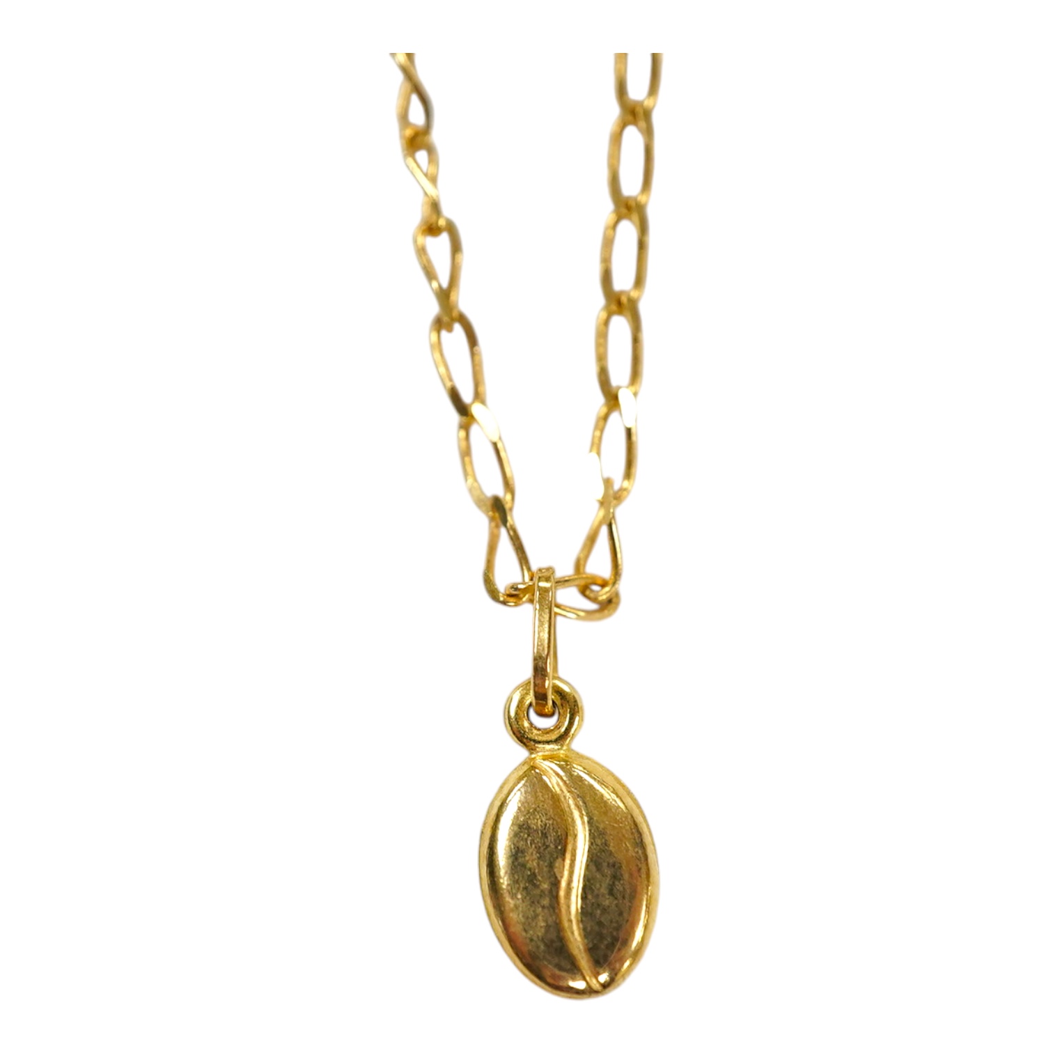 A modern 9k 'coffee bean' pendant, on an Italian 9k chain, overall 47cm, 2.9 grams. Condition - good